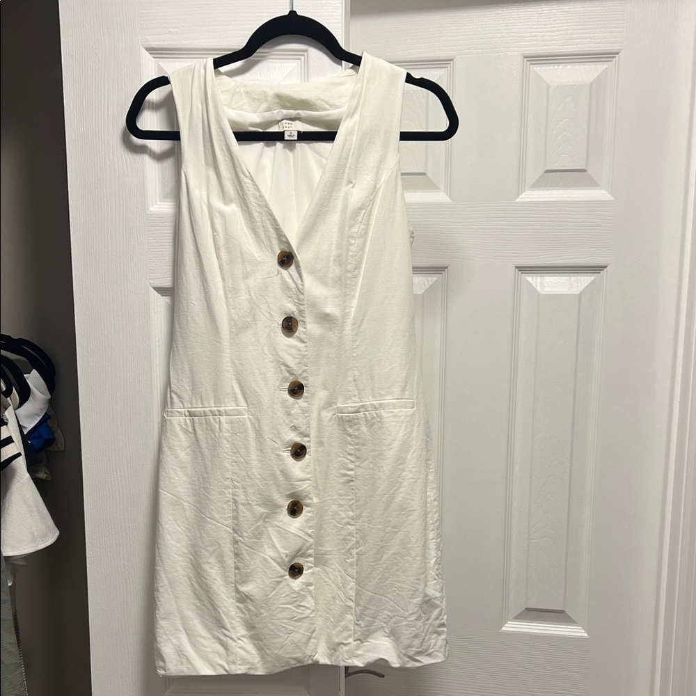 Sleeveless Button-Front White Linen Dress